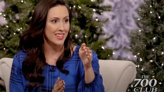 Danelle Macaulay, author and speaker, being interviewed on the 700 Club